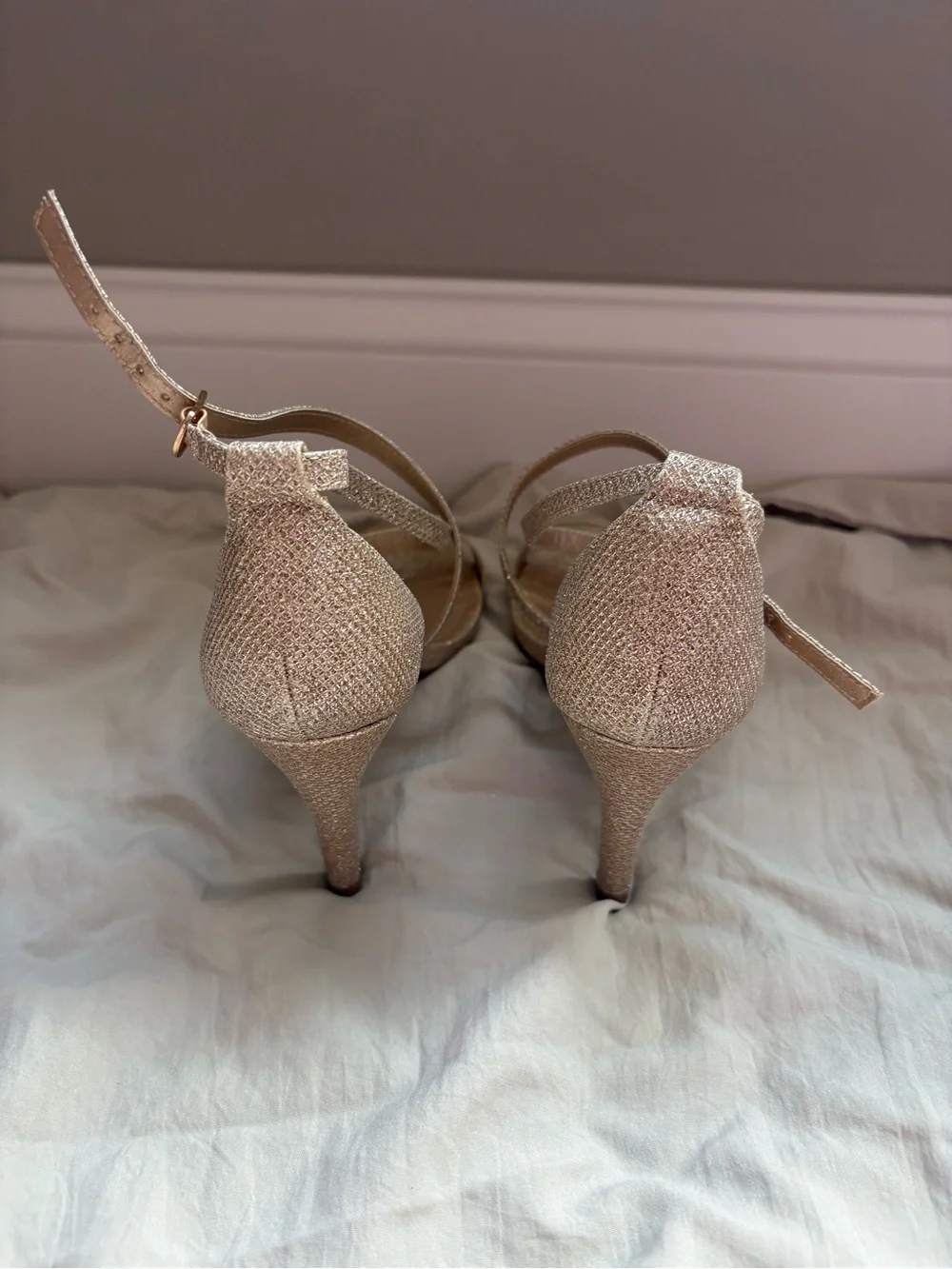 Strappy Glitter Ankle-Wrap Heels in Champagne